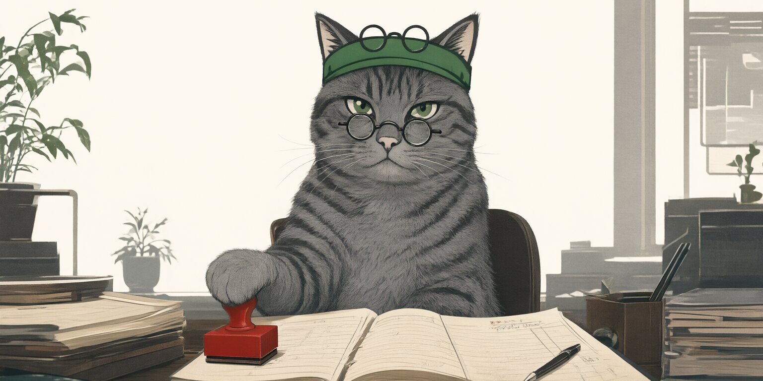 Tax Cat, a grey tabby in a green accountant's visor, with his ledger and red stamp